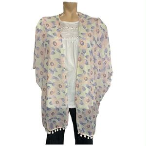 Floral Sheer Kimono with Pom Pom Trim Size O/S